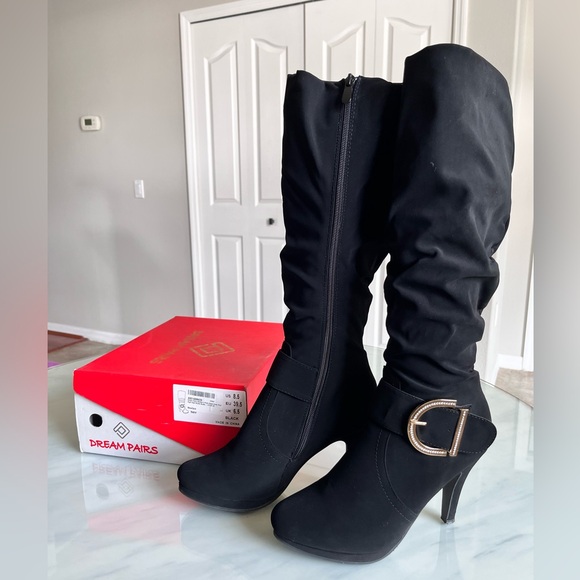 Dream Pairs Paris Black Heeled Boots with Rhinestone Buckle 8.5M - Picture 2 of 5